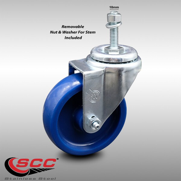 4 Inch SS Solid Polyurethane Wheel Swivel 10mm Threaded Stem Caster SCC